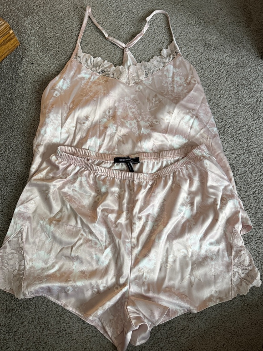 Floral Pale Pink Satin Lace-Trim Cami & Shorts Set